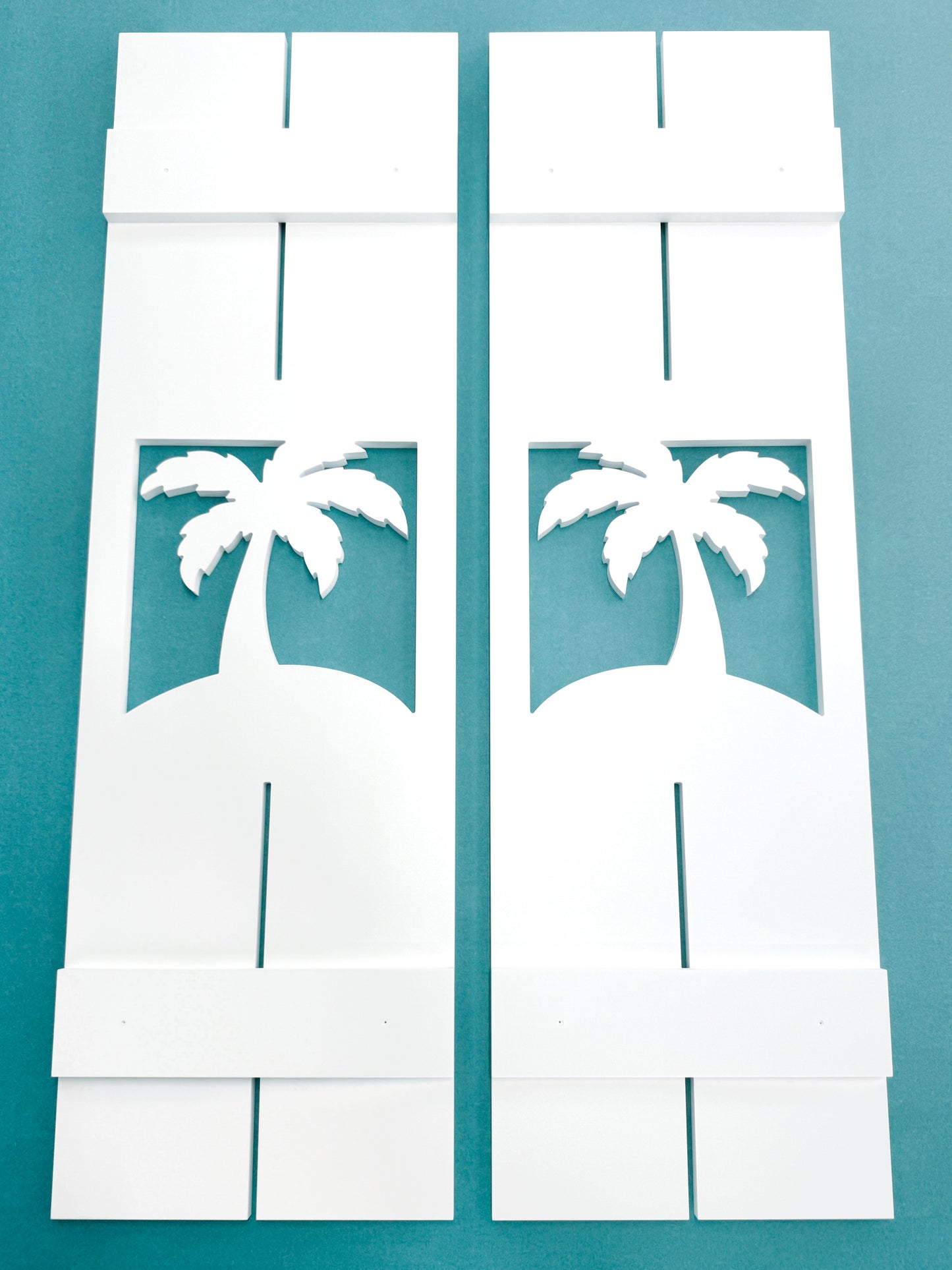 weatherproof palm tree shutters, exterior tropical decor for beach house and coastal homes.