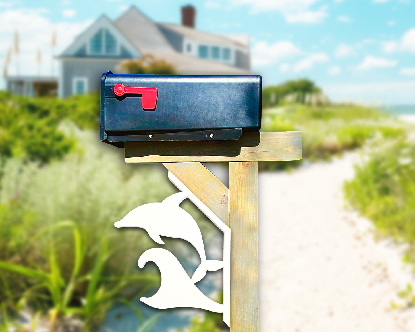 Dolphin Mailbox Bracket – Nautical Beach House Coastal Mailbox Accent (45 Degree Posts)