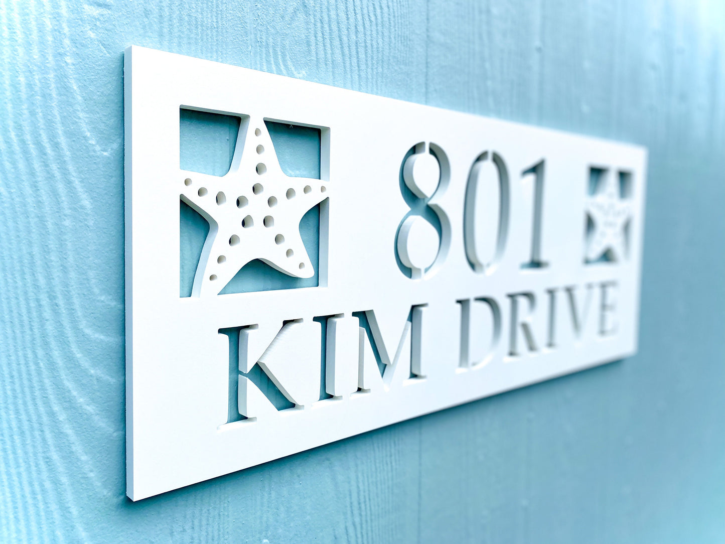 Full Street Address Plate with Starfish, Coastal Beach House Address Plaque, Outdoor PVC Weatherproof House Numbers, Address Numbers Sign