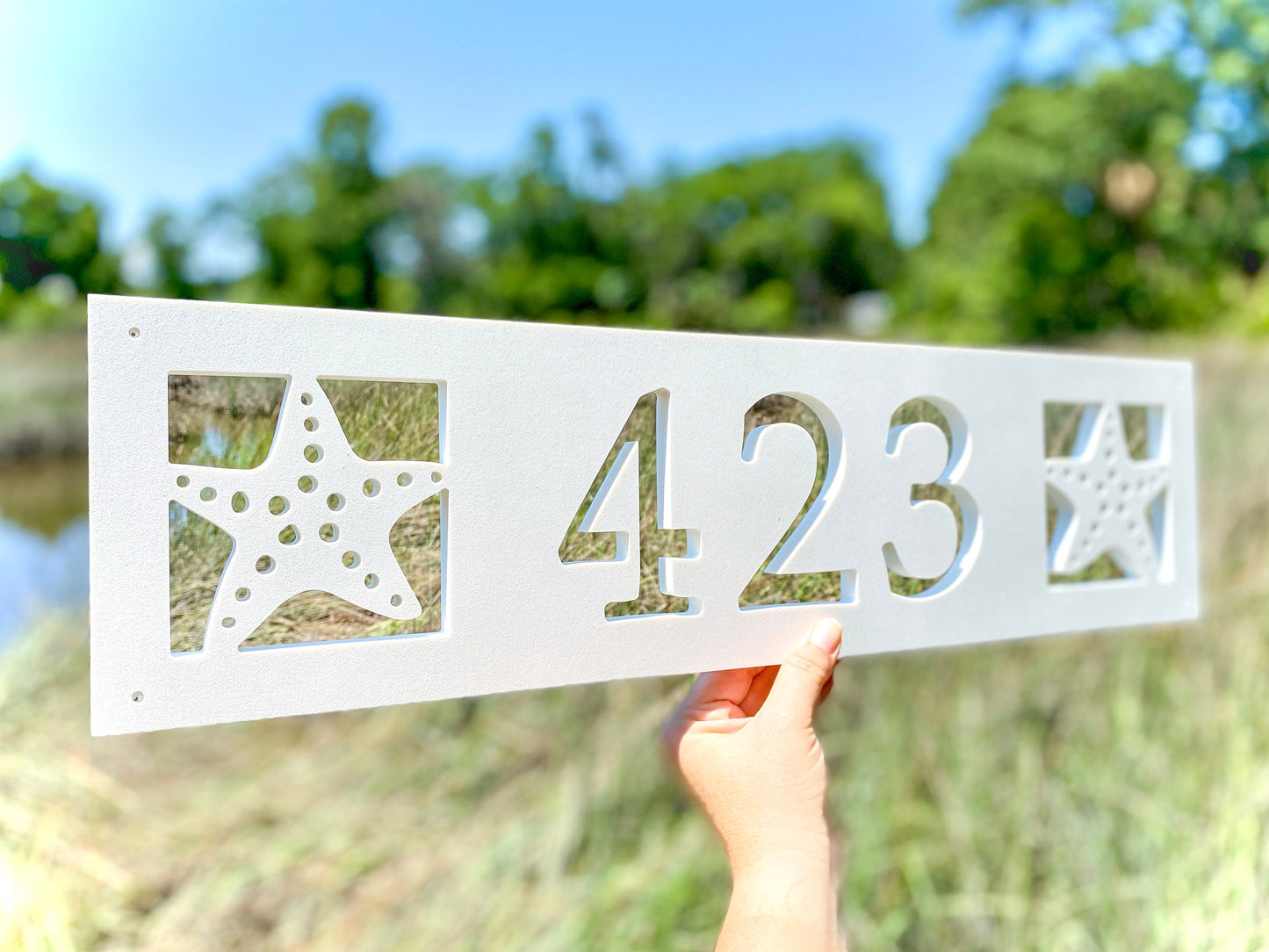 Starfish Address for Beach House, Narrow Horizontal Address Sign, Coastal Home Exterior Decor, Outdoor PVC Weatherproof House Numbers