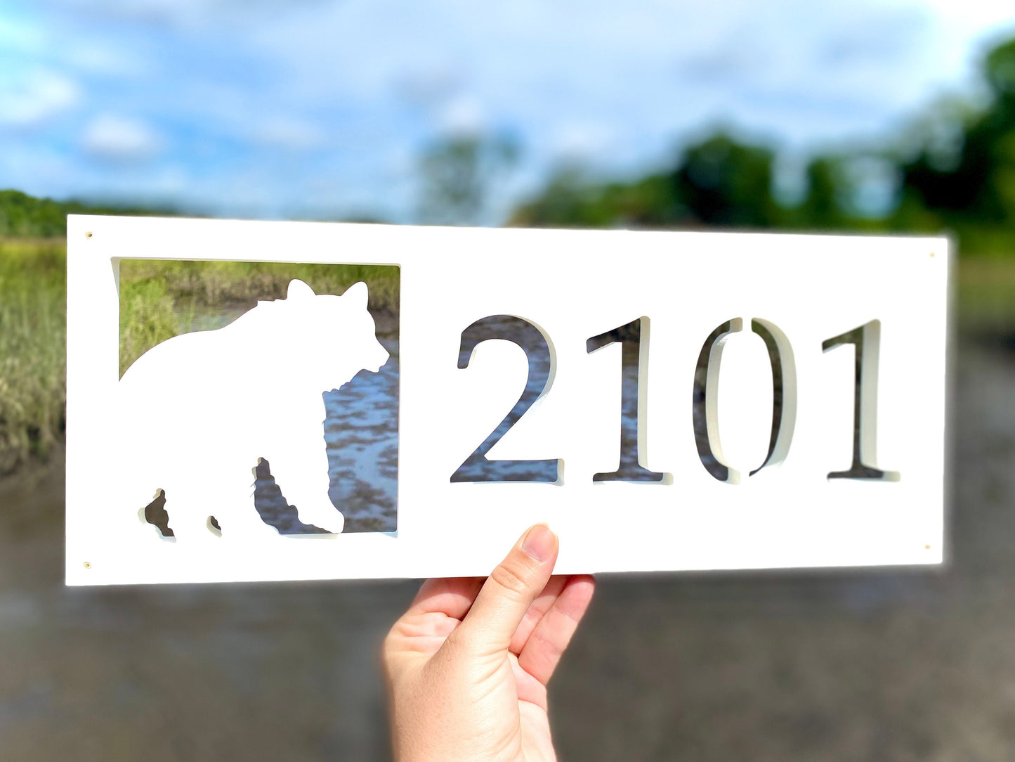 Bear Address Sign, Weatherproof PVC Horizontal House Numbers, Mountain House Sign, Modern Cabin Decor, Woodland Animal Address Plaque