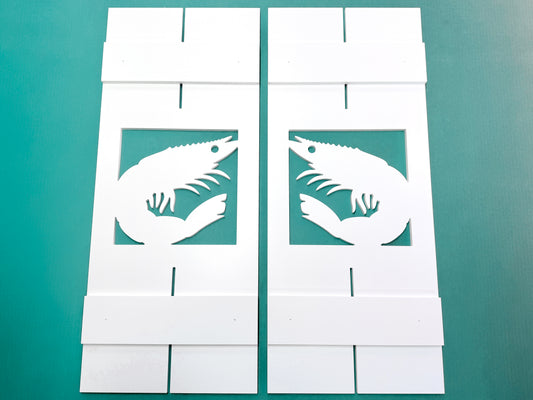 Shrimp window shutters for coastal or river home. Weatherproof PVC exterior decor. 