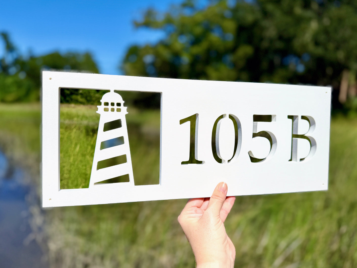 Lighthouse address sign, nautical house numbers, outdoor coastal address plaque