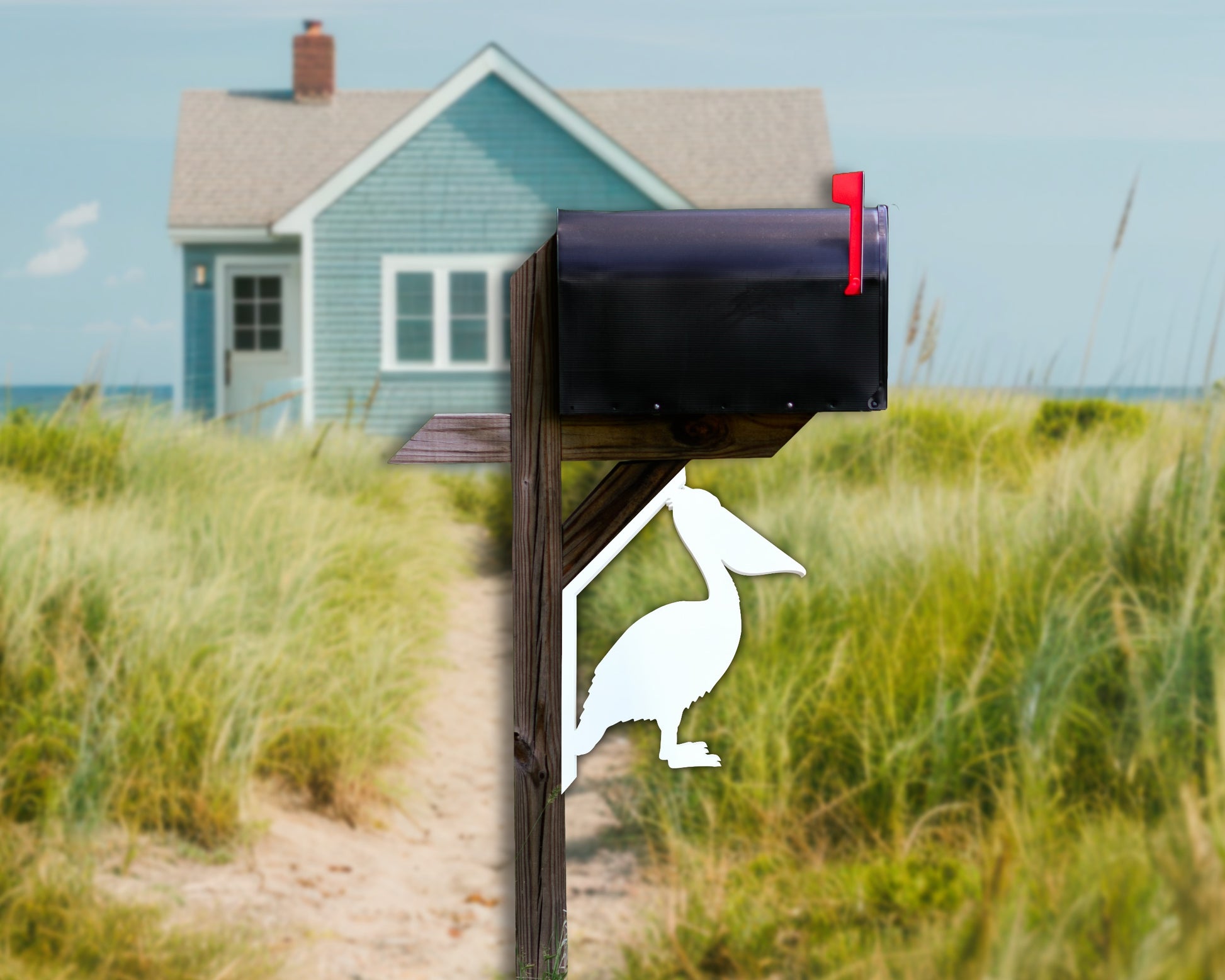 pelican bird mailbox bracket, nautical beach house outdoor mailbox decor, exterior coastal home art