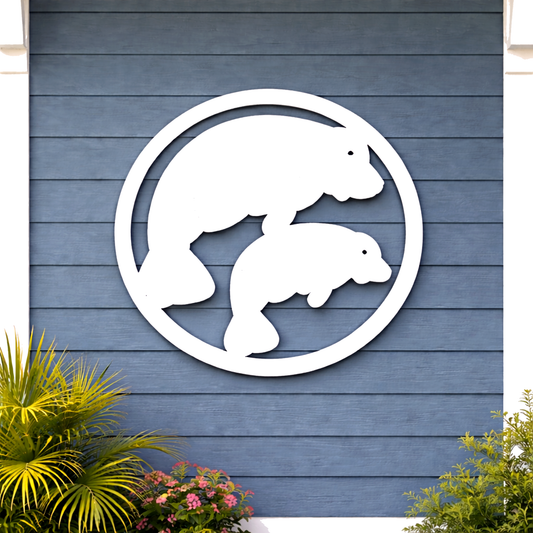 Manatee with calf outdoor wall art sign for costal home or river house 