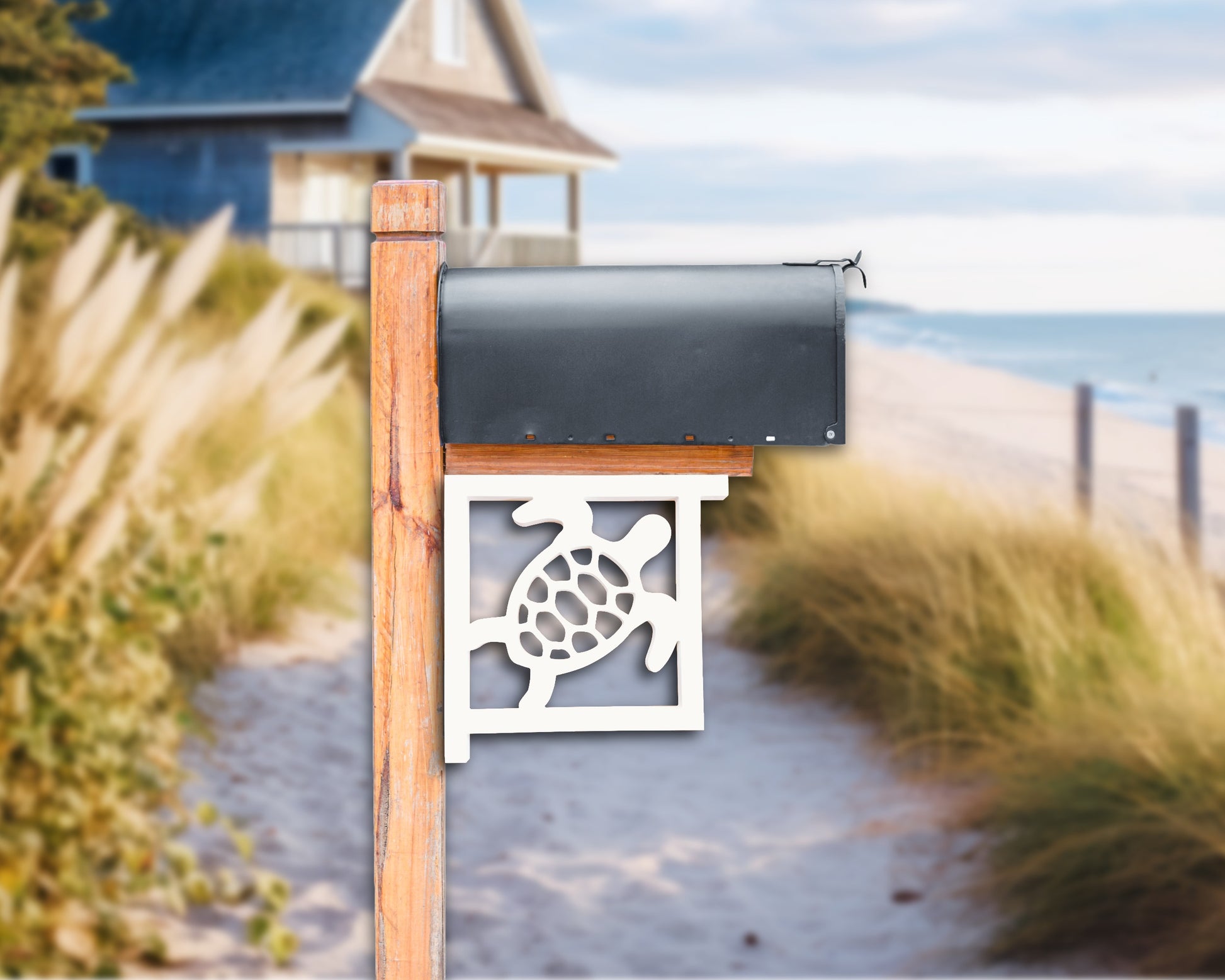 sea turtle mailbox bracket for 90 degrees post, nautical coastal beach house outdoor decor