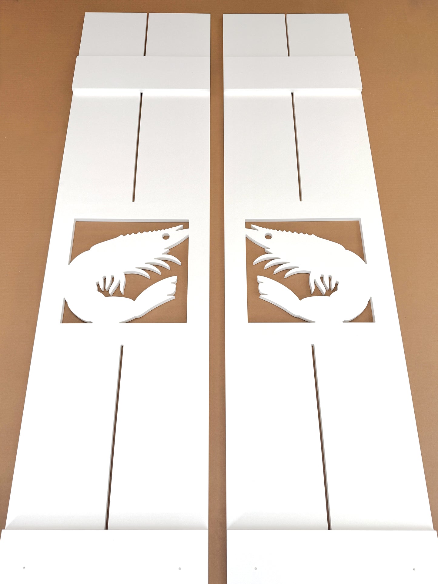 White PVC weatherproof shrimp shutters for river house or coastal home outdoor decor 