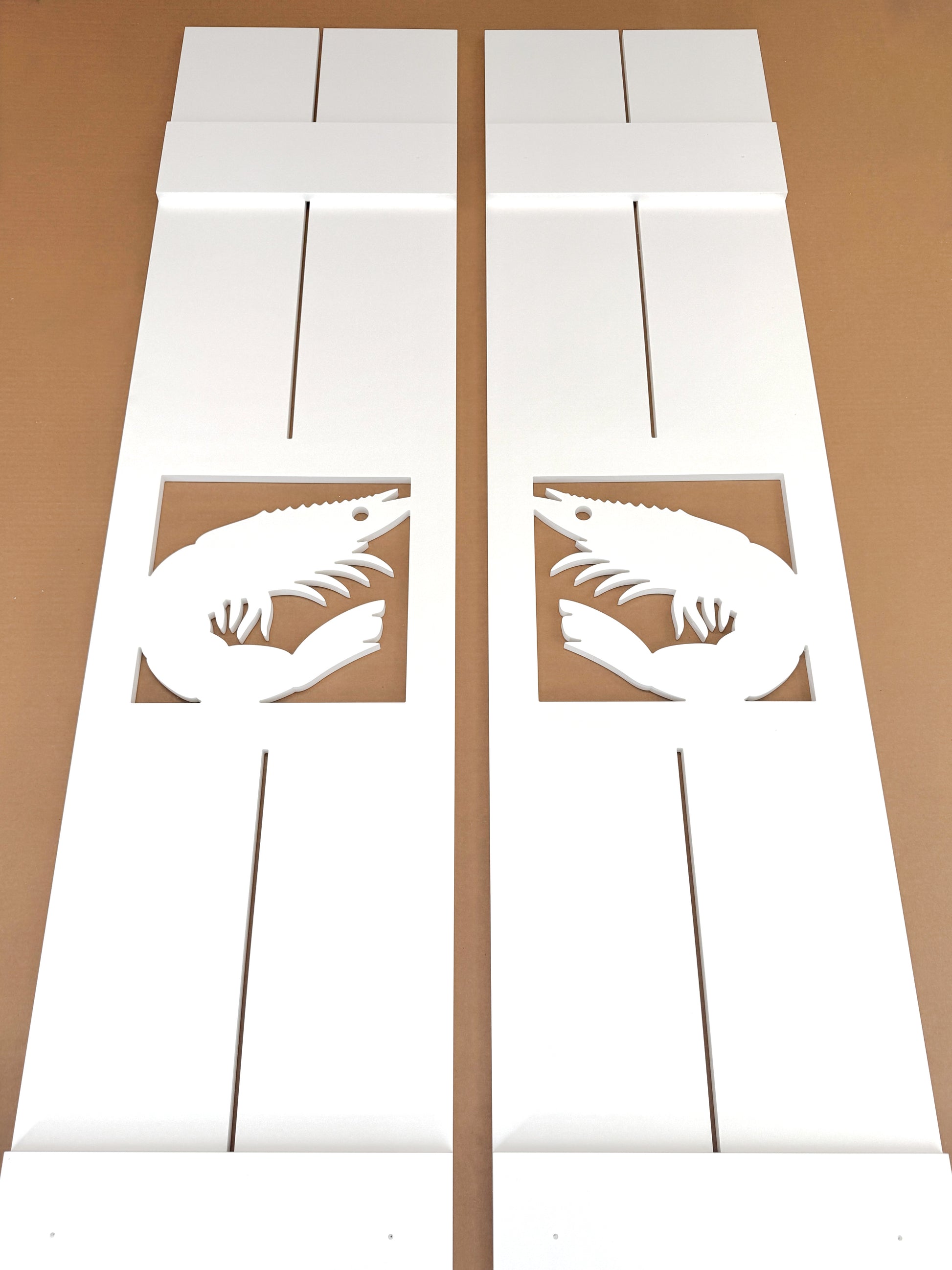 White PVC weatherproof shrimp shutters for river house or coastal home outdoor decor 