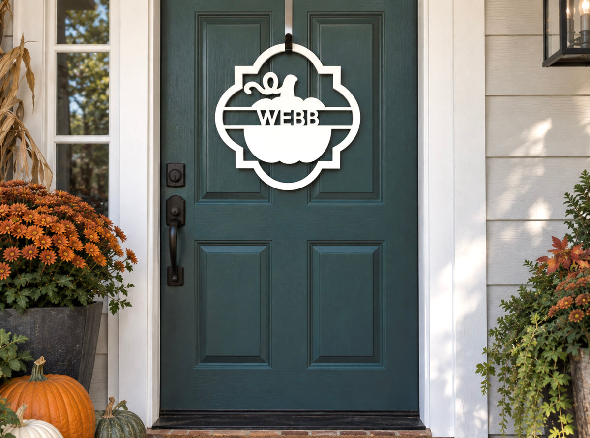 Personalized Fall Pumpkin Door Hanger with Last Name, Weatherproof Fall Welcome Sign