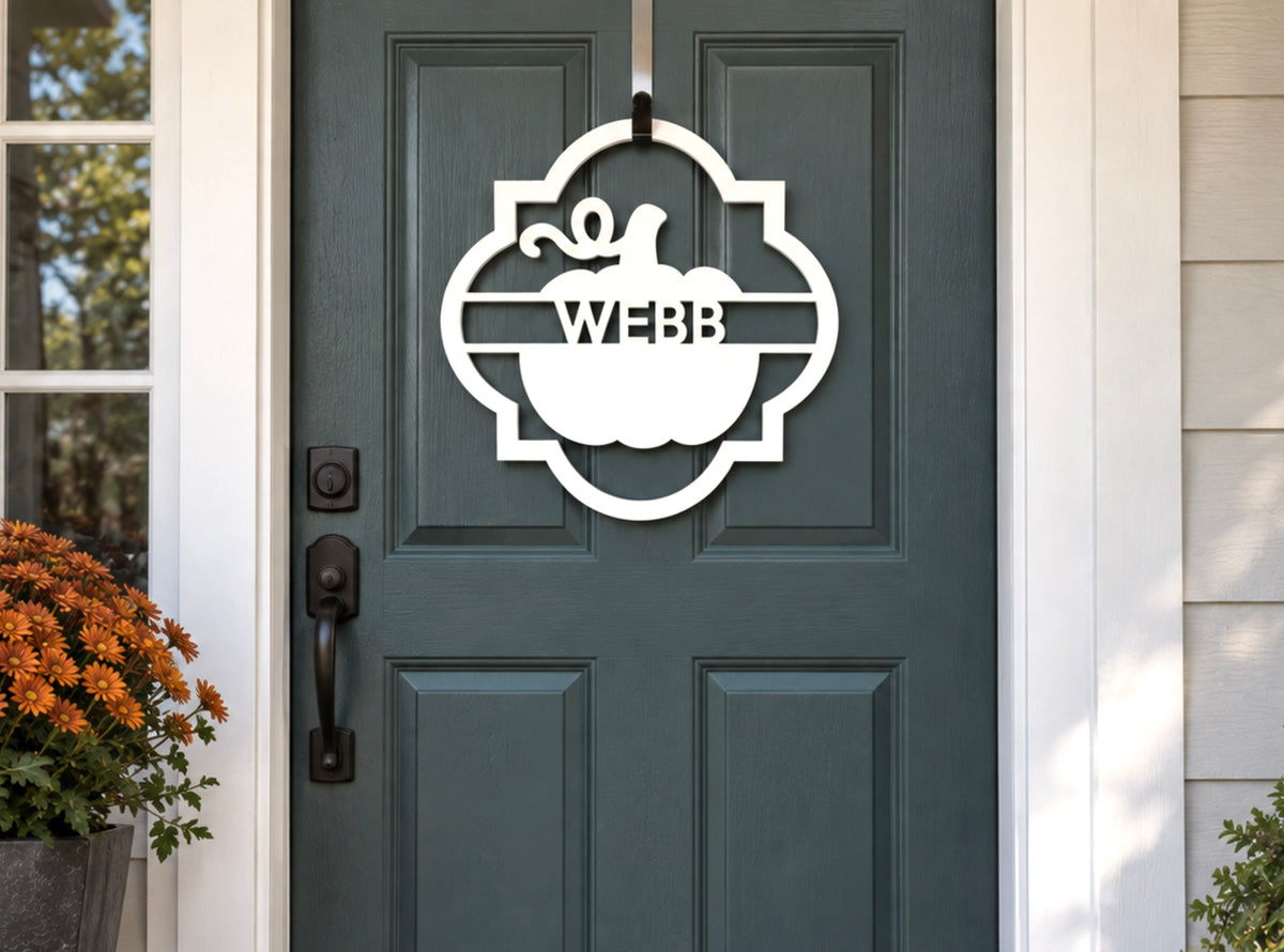 Personalized Fall Pumpkin Door Hanger with Last Name, Weatherproof Fall Welcome Sign