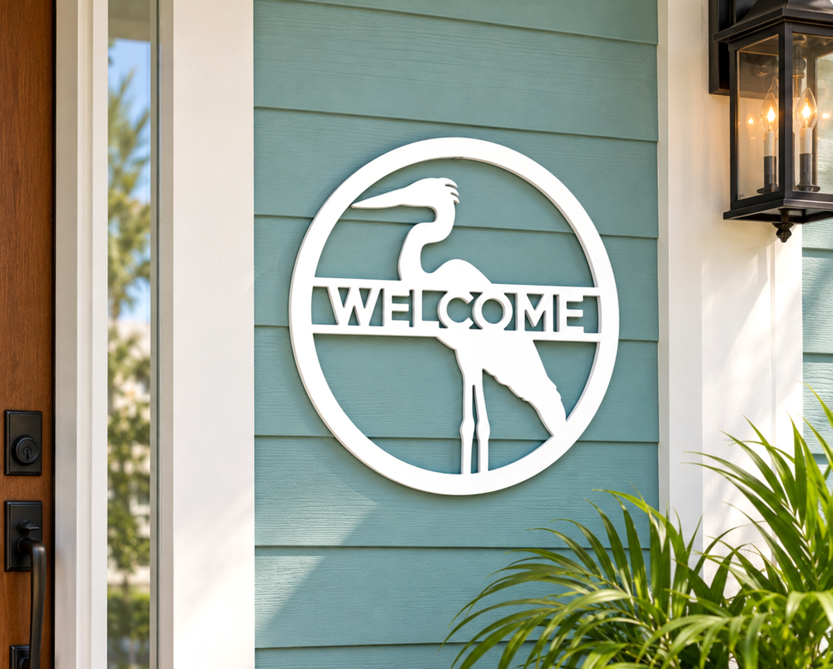custom great blue heron wall art welcome sign, made from weatherproof PVC, coastal river beach house decor