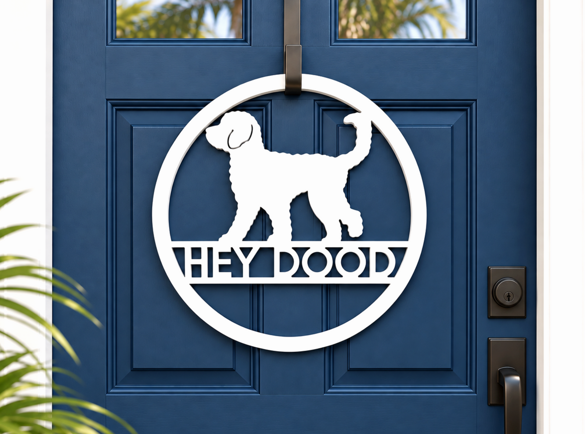 cute doodle dog front door hanger, hey dood welcome sign