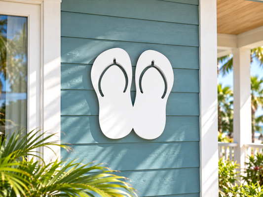 outdoor flip flop beach sandals sign made from weatherproof PVC, coastal tropical beach house decor