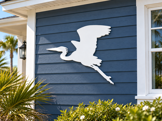 flying heron weatherproof PVC sign, outdoor coastal bird egret wall art decor