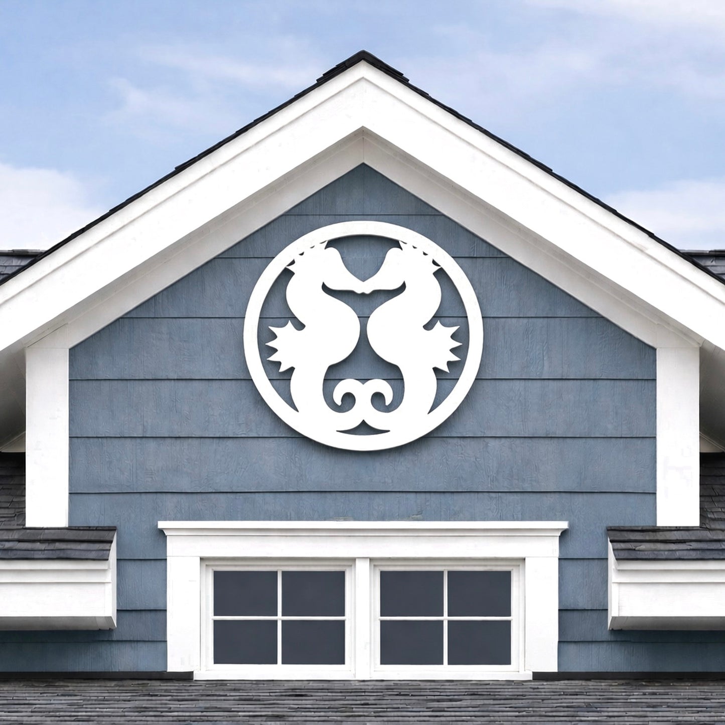 Round Double seahorse outdoor wall art sign for coastal beach house 