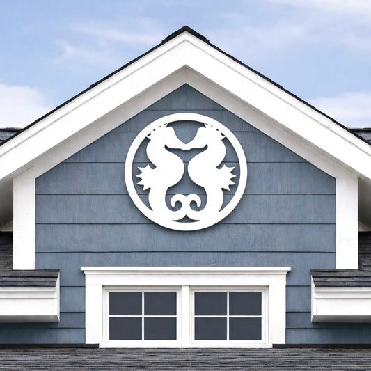 Round Double seahorse outdoor wall art sign for coastal beach house 