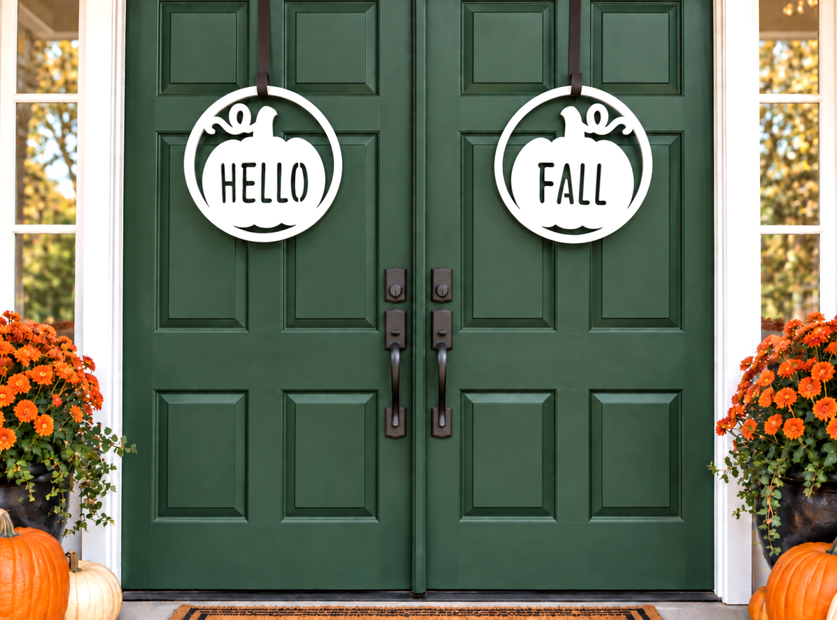 Hello Fall Double Front Door Hangers - Modern Autumn Wreath Signs for Double Doors