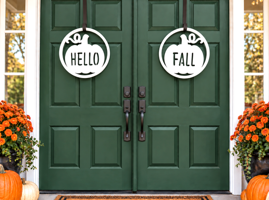Hello Fall Double Front Door Hangers - Modern Autumn Wreath Signs for Double Doors