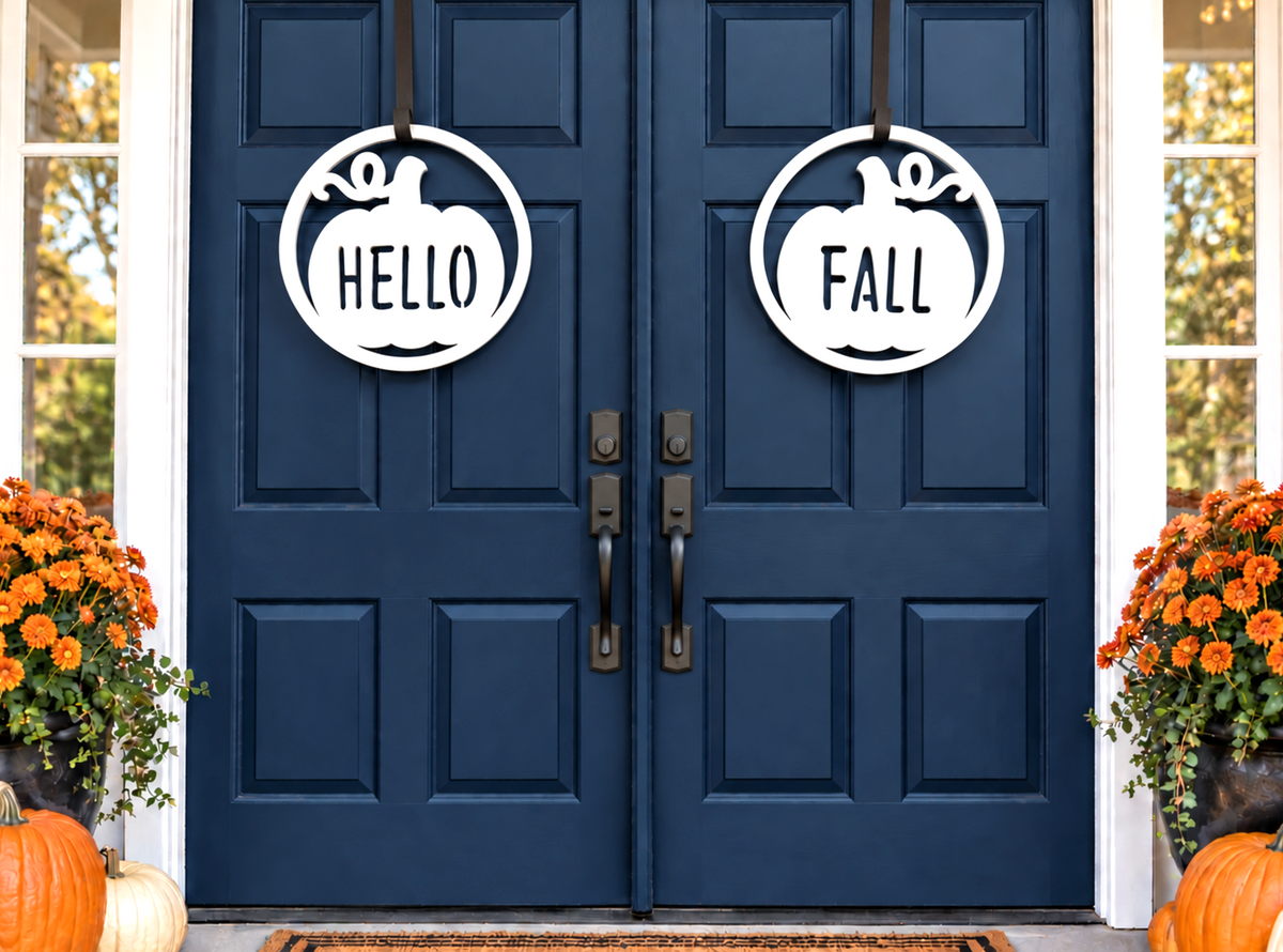 Hello Fall Double Front Door Hangers - Modern Autumn Wreath Signs for Double Doors