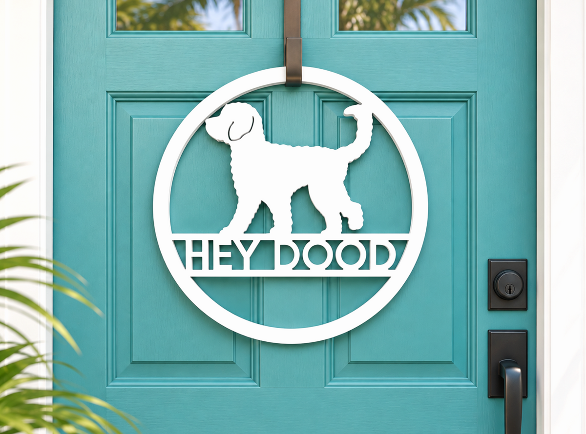 cute doodle dog front door hanger, hey dood welcome sign