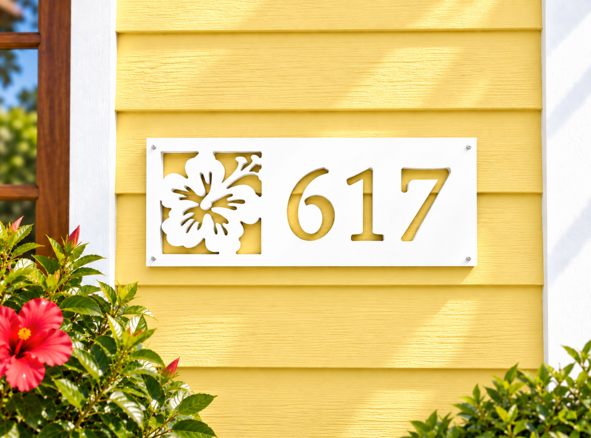 tropical hibiscus flower address sign, coastal house number plaque