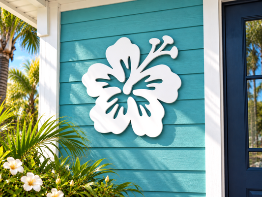 outdoor hibiscus flower sign made from weatherproof PVC, coastal tropical beach house decor