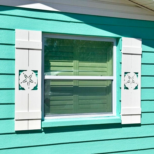 Large weatherproof PVC exterior window shutters with sand dollars, board and batten shutters for beach house or coastal home, tall long shutters