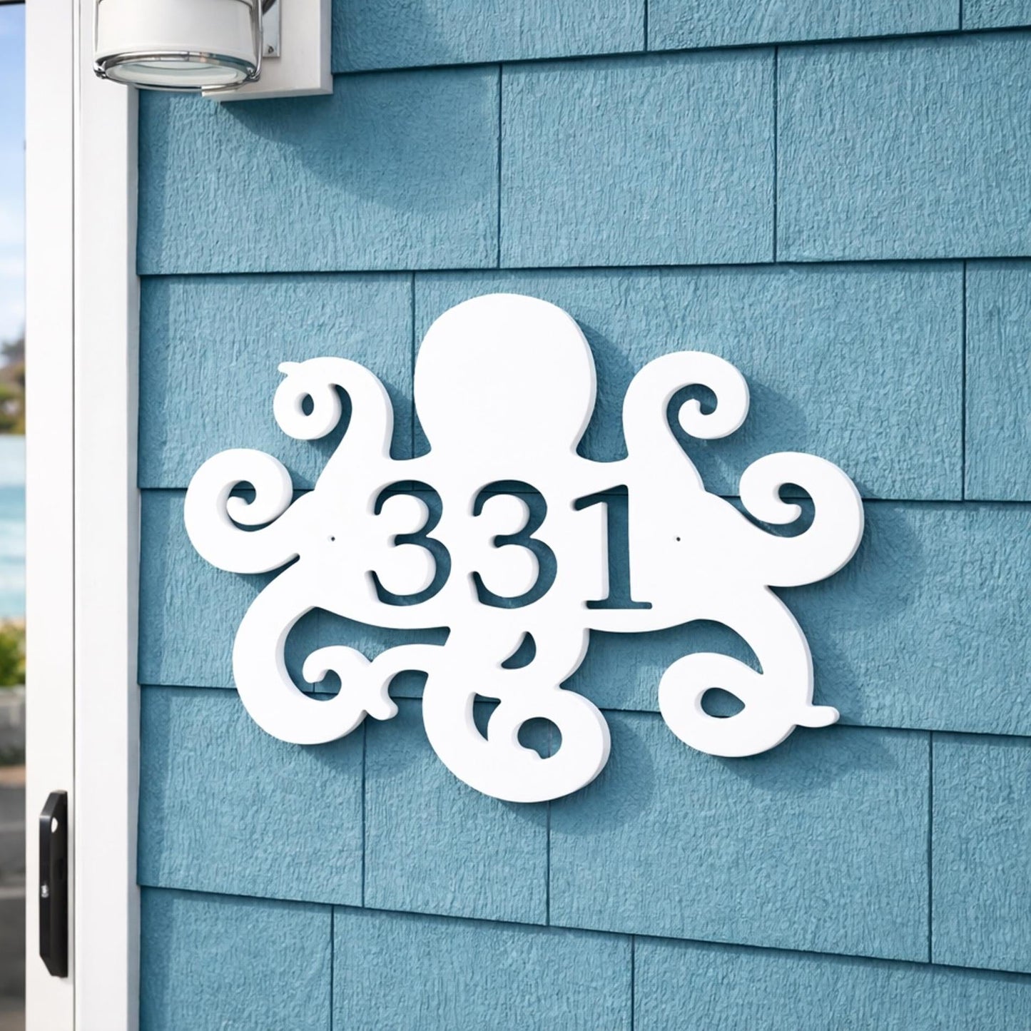 Octopus shaped address sign, weatherproof coastal house numbers, outdoor beach house decor