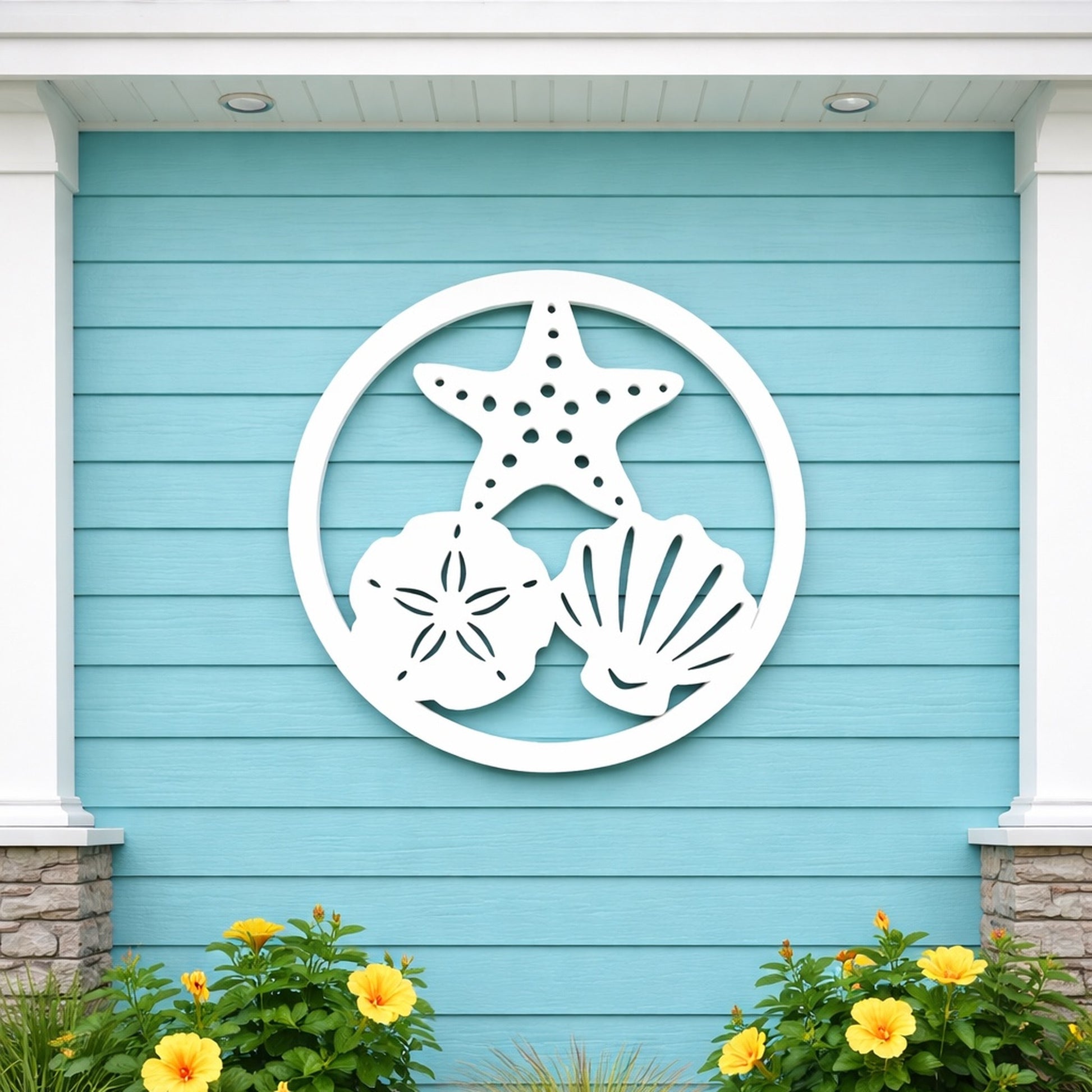 Outdoor beach shell wall art, sand dollar, starfish, seashell, outdoor coastal beach house wall art 