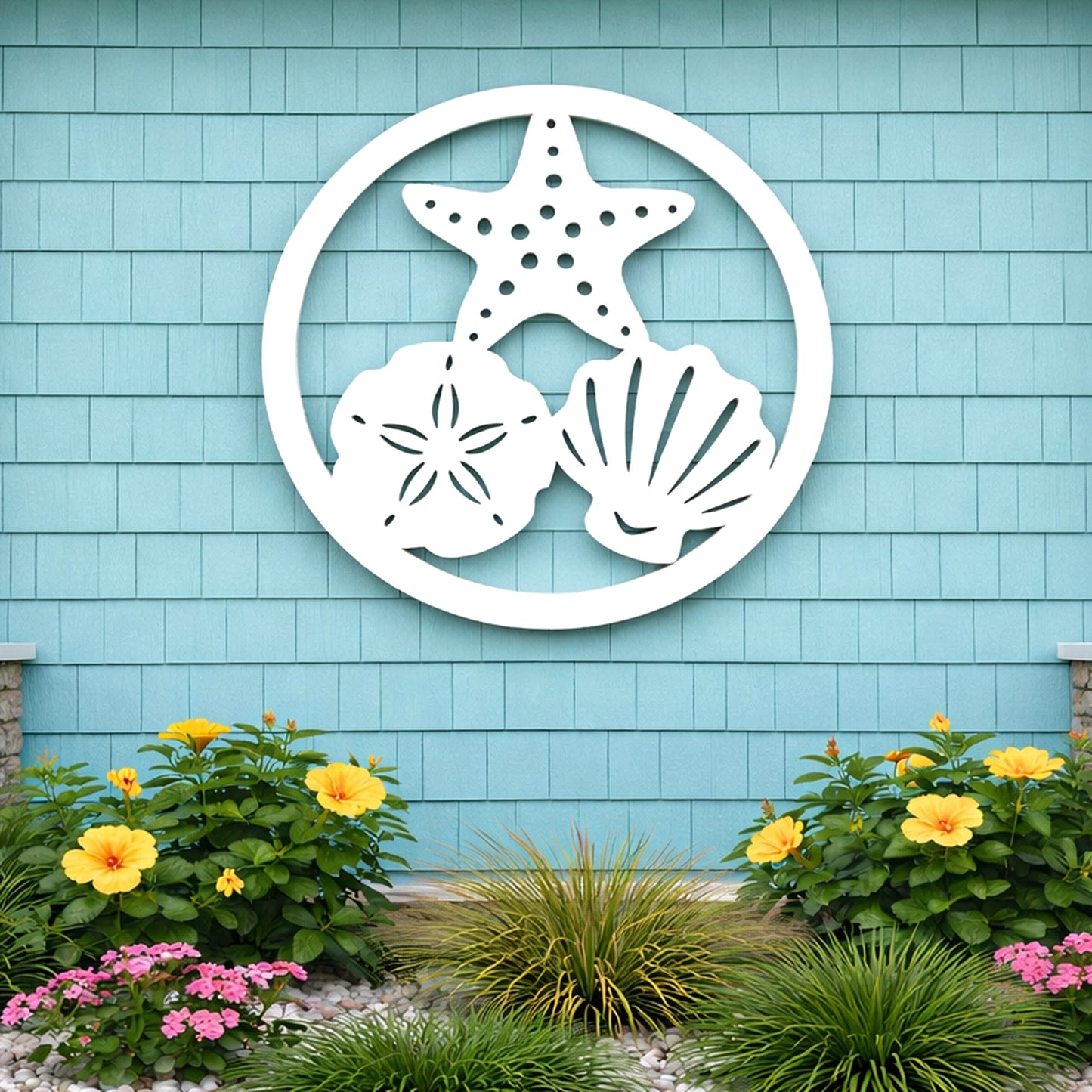 Outdoor Beach Shell Wall Art Sign – Weatherproof Coastal Beach House Nautical Decor (Sand Dollar, Starfish, Seashell)