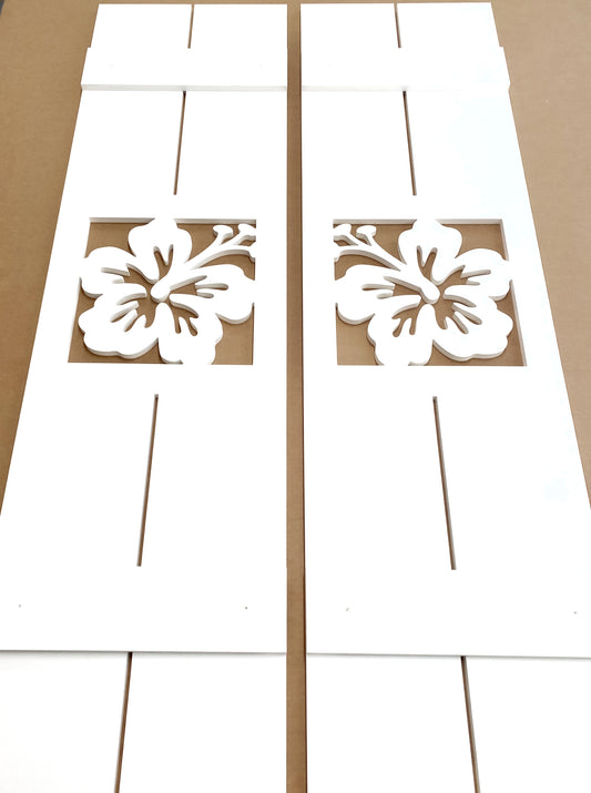 weatherproof PVC hibiscus flower shutters for tropical exterior home decor.