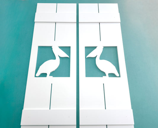 decorative window shutters with pelican bird cutout, weatherproof PVC coastal beach house shutters