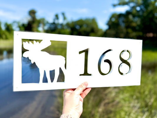 moose address sign, weatherproof bull moose house numbers, exterior woodland cabin decor
