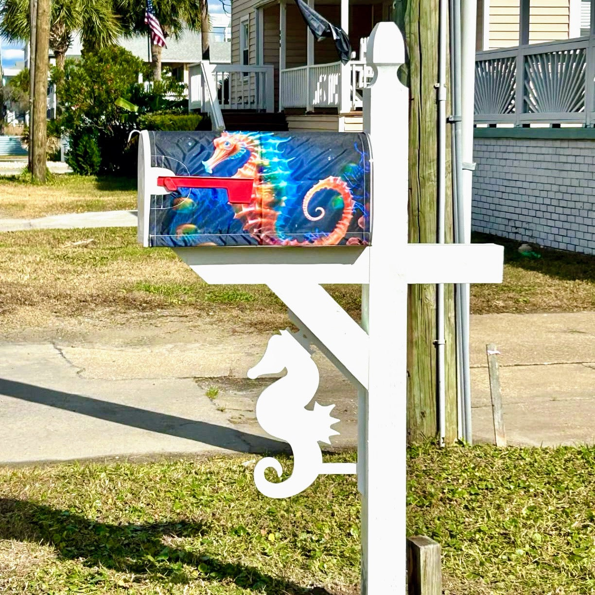 Seahorse Mailbox Bracket – Nautical Beach House Coastal Mailbox Accent (45 Degree Posts)