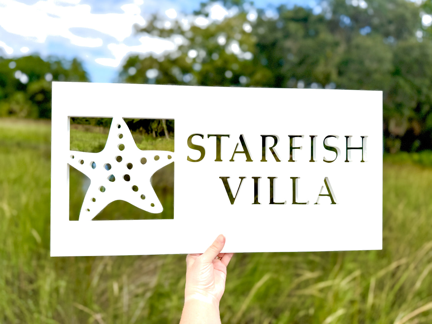 personalized starfish house name sign, nautical exterior decor, custom beach house name sign