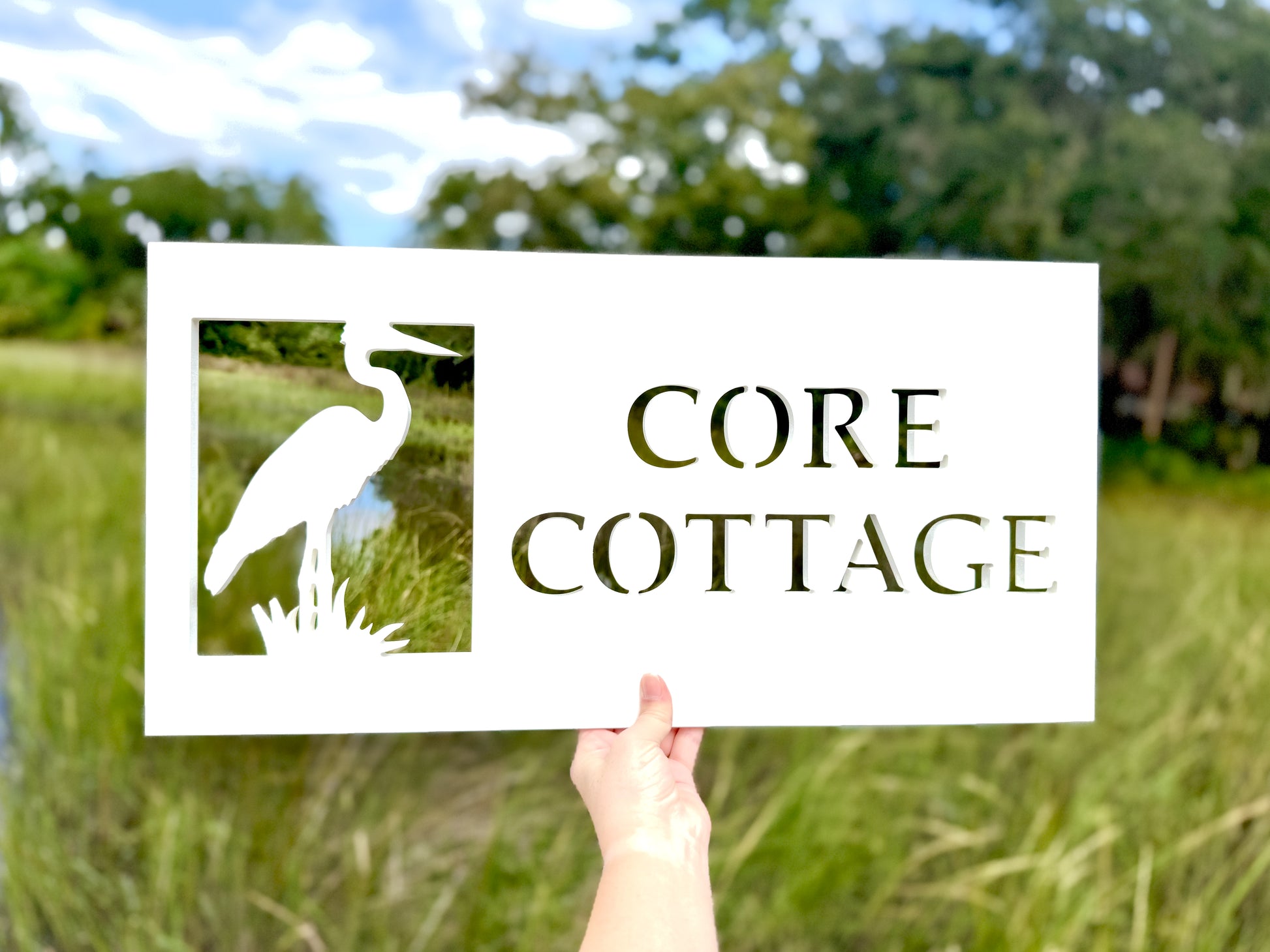 custom heron bird house name sign, coastal river house outdoor decor