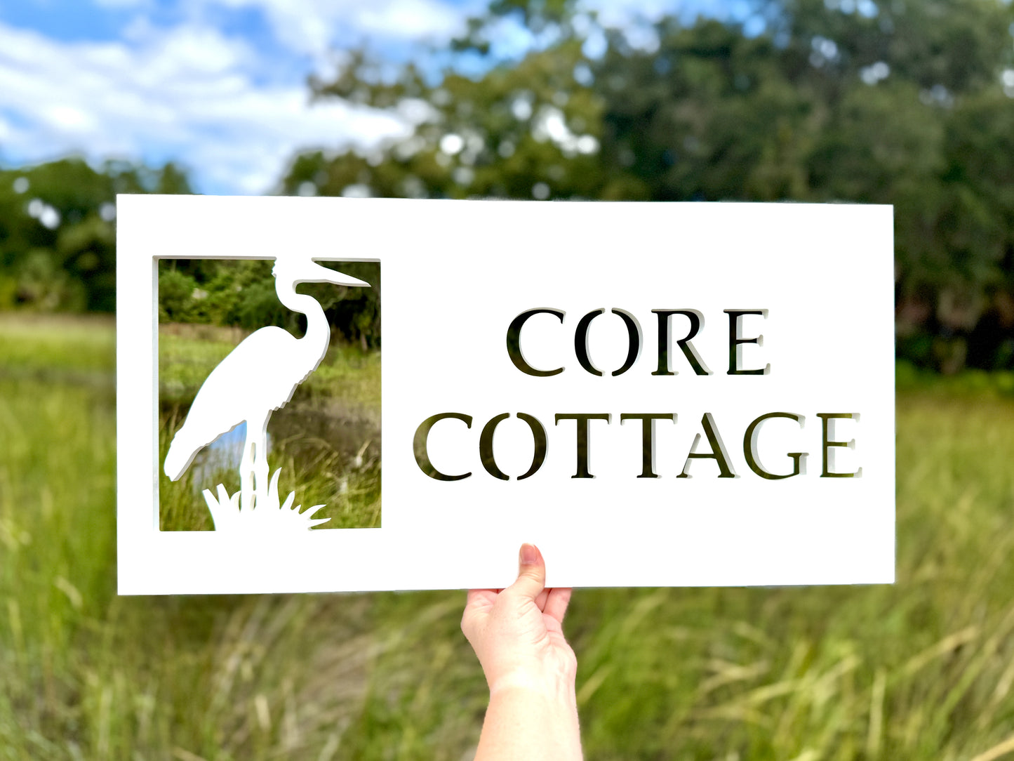 Custom Outdoor Heron Bird House Name Sign, Personalized Home Name Sign for Beach House or Coastal Home, Coastal Beach Bird Vacation Rental Property Sign