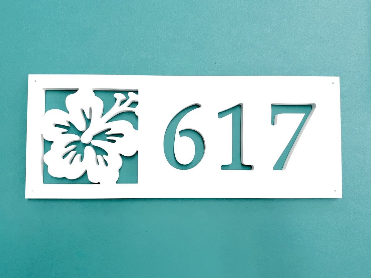 tropical hibiscus flower address sign, coastal house number plaque