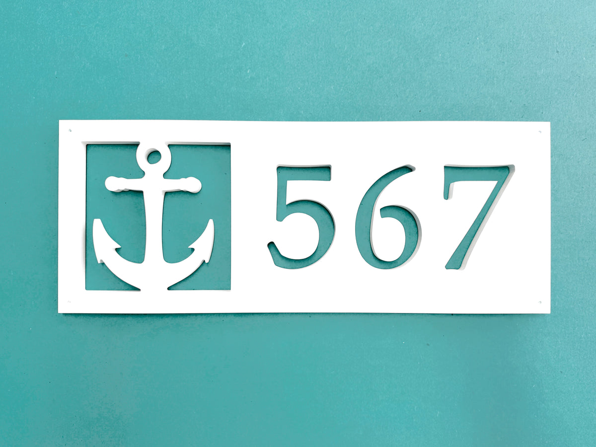 weatherproof anchor address sign, outdoor nautical house numbers, coastal home decor