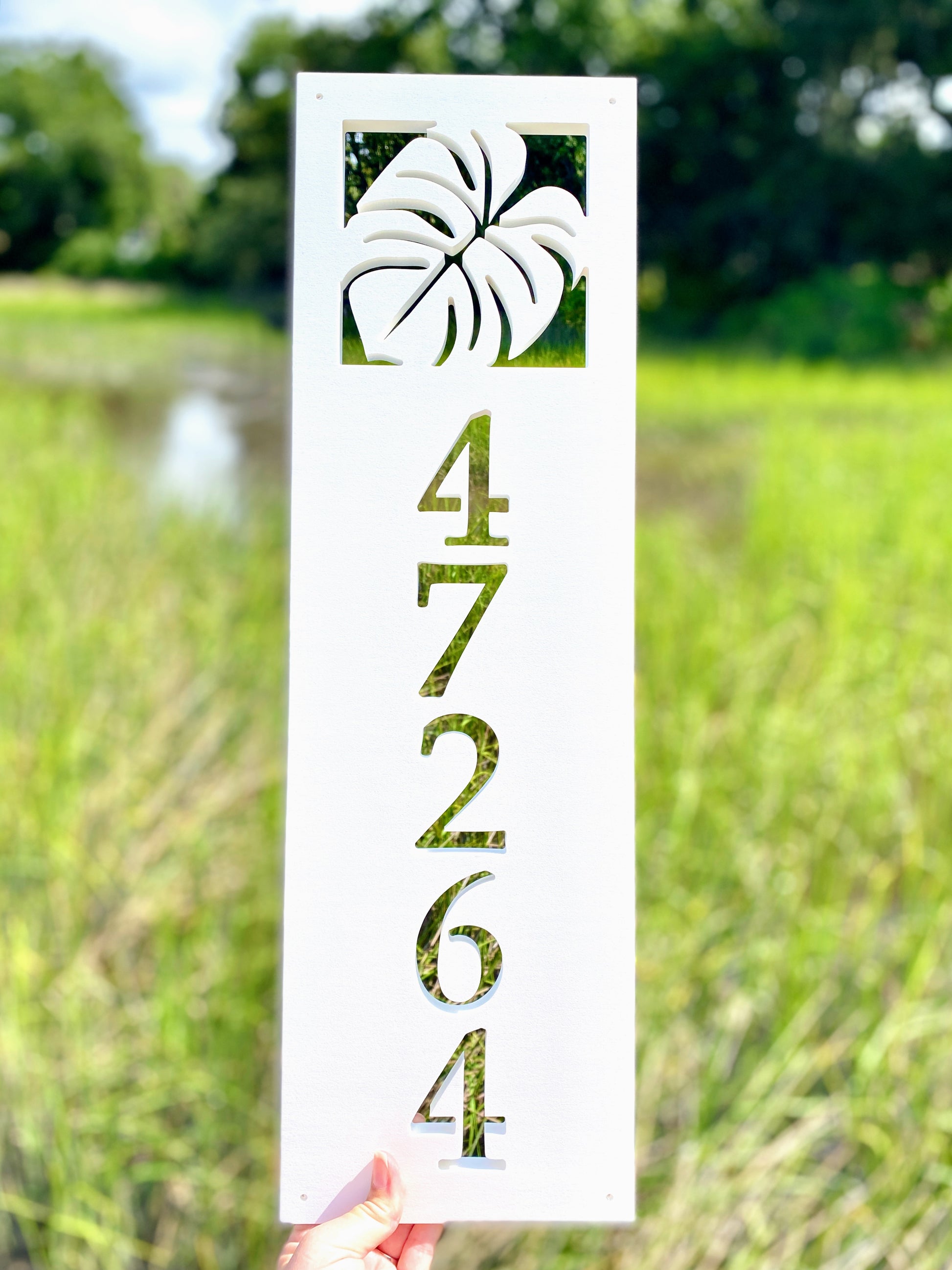 vertical monstera leaf address sign for tropical home decor