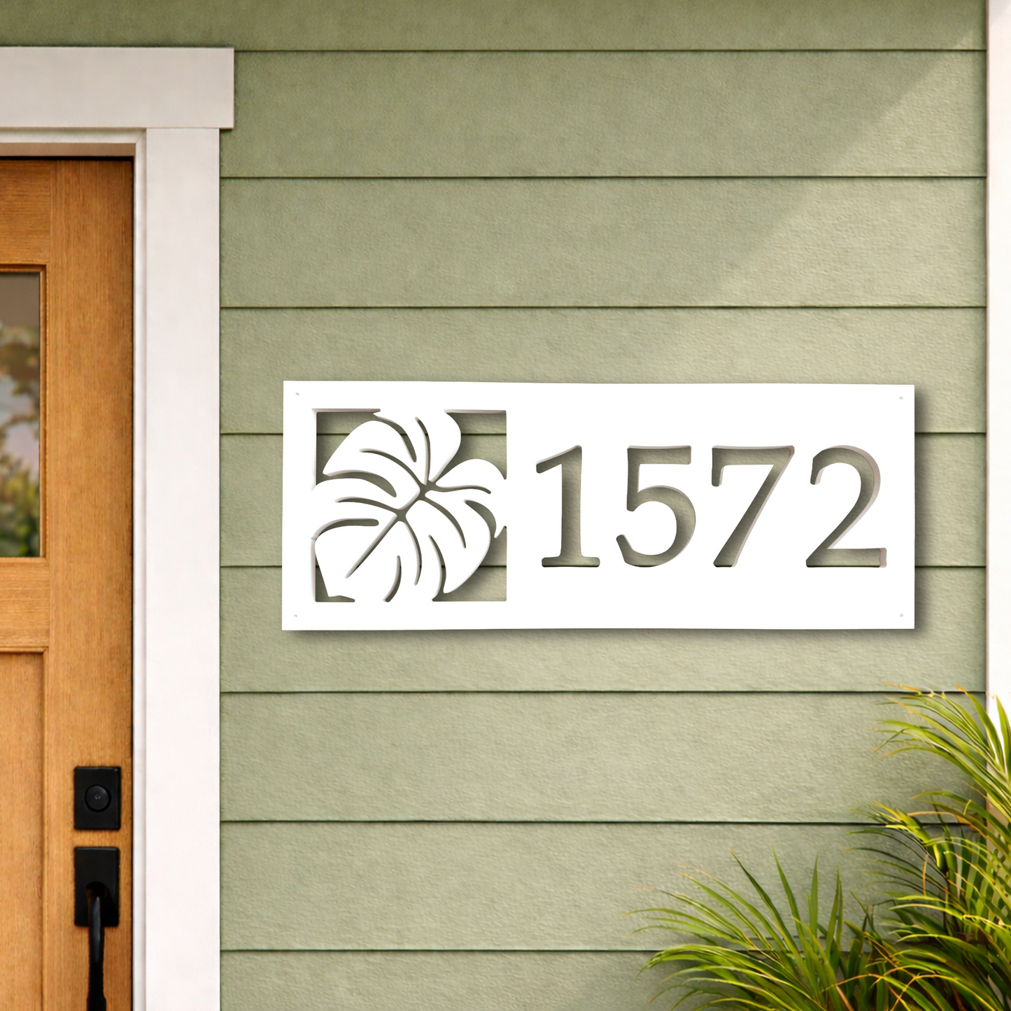 tropical monstera leaf address sign, outdoor weatherproof botanical house numbers