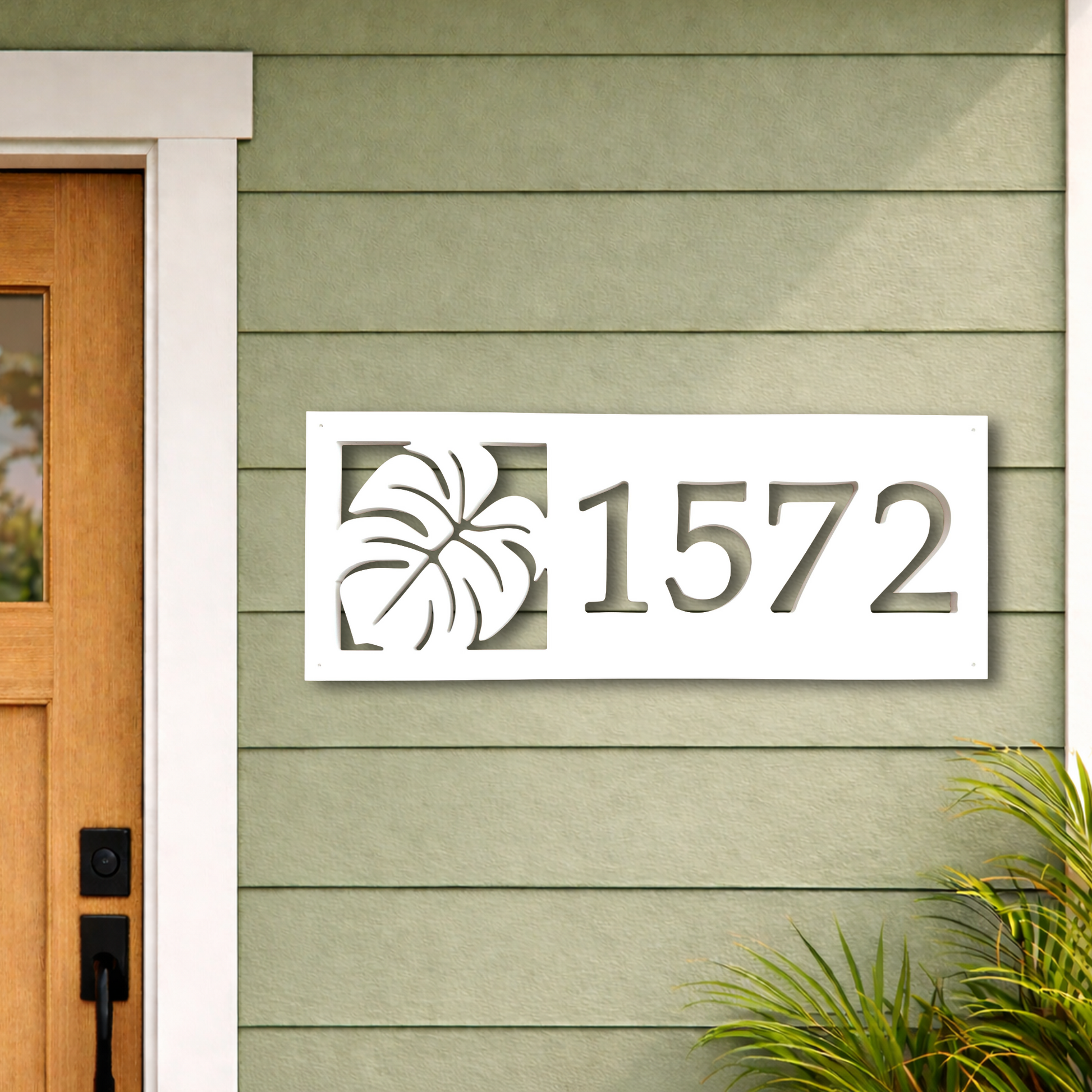 tropical monstera leaf address sign, outdoor weatherproof botanical house numbers