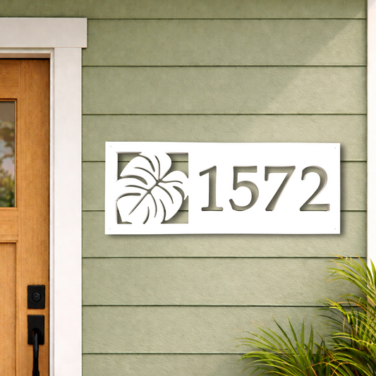 tropical monstera leaf address sign, outdoor weatherproof botanical house numbers