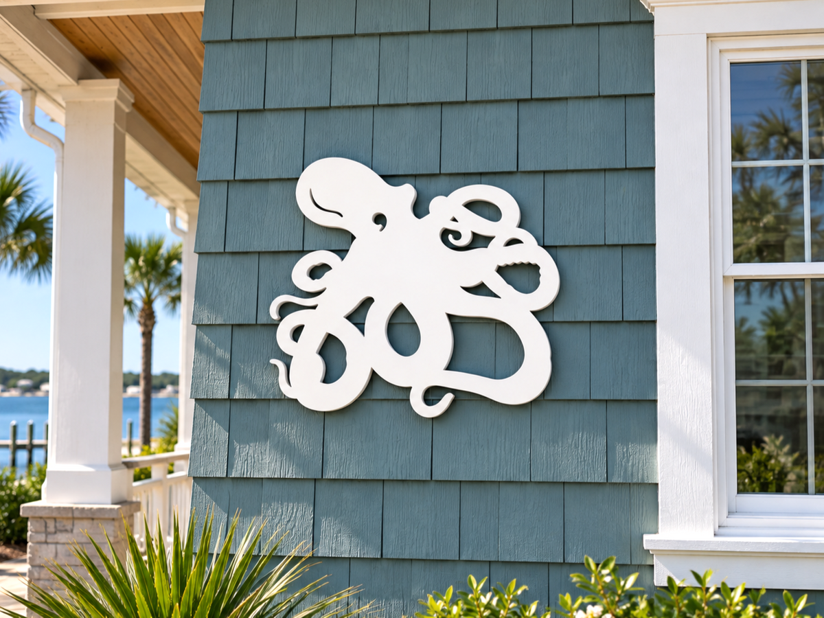 outdoor octopus sign made from weatherproof PVC, coastal nautical beach house decor