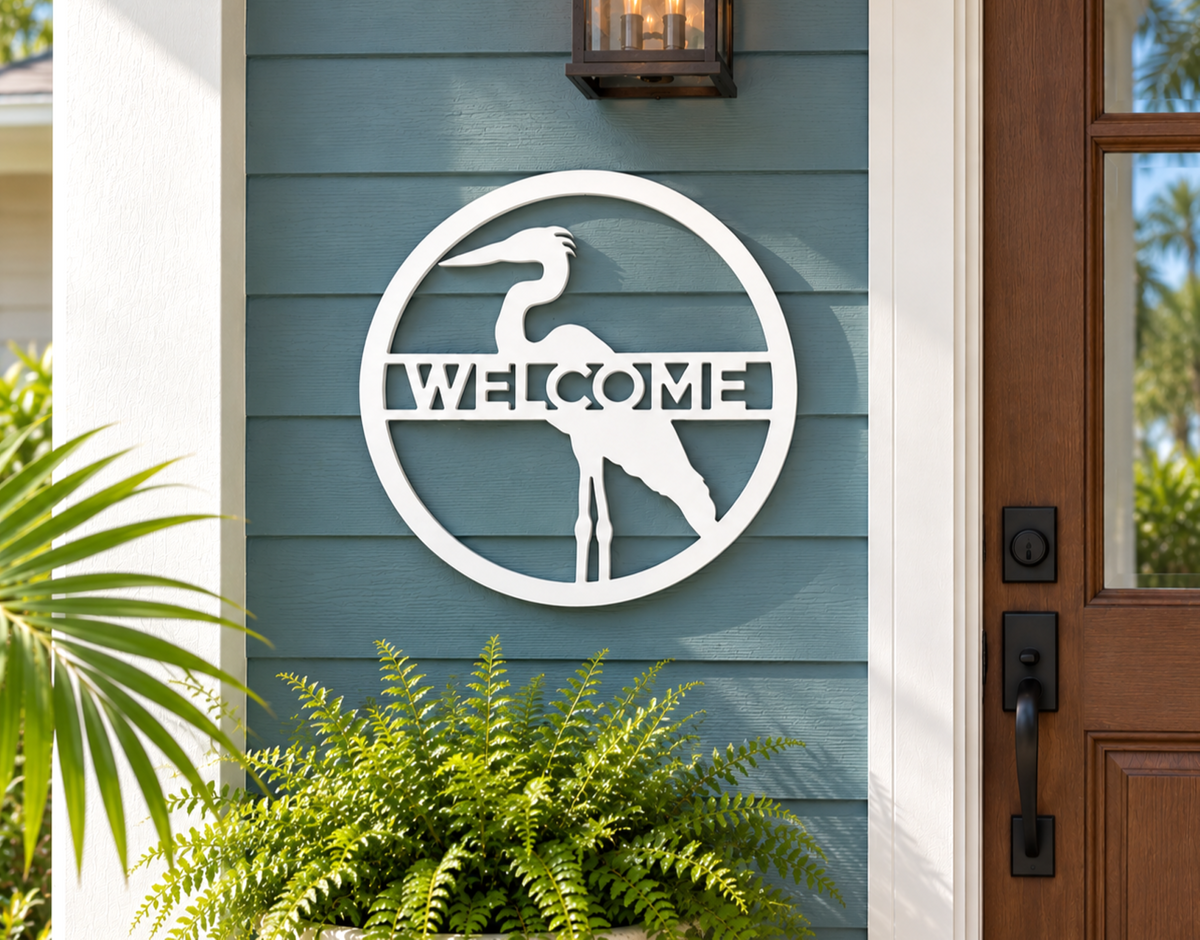 custom great blue heron wall art welcome sign, made from weatherproof PVC, coastal river beach house decor
