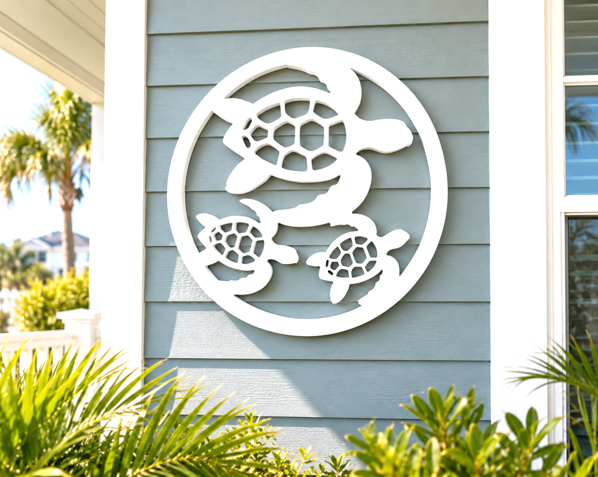 outdoor sea turtle with babies wall art sign for coastal beach house decor, weatherproof PVC nautical decor