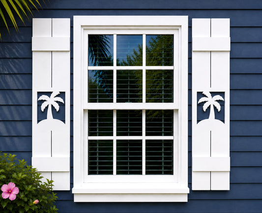 palm tree window shutters, exterior weatherproof PVC shutters, coastal beach house outdoor decor