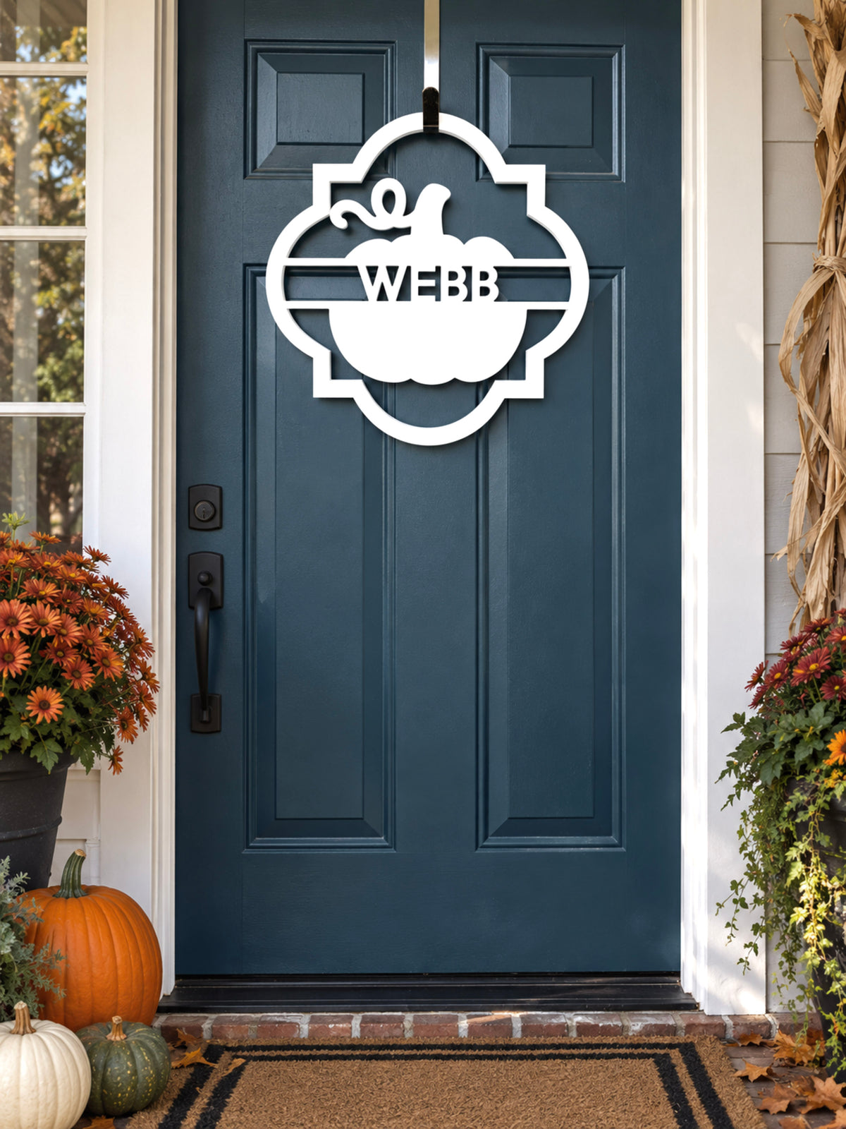 Personalized Fall Pumpkin Door Hanger with Last Name, Weatherproof Fall Welcome Sign