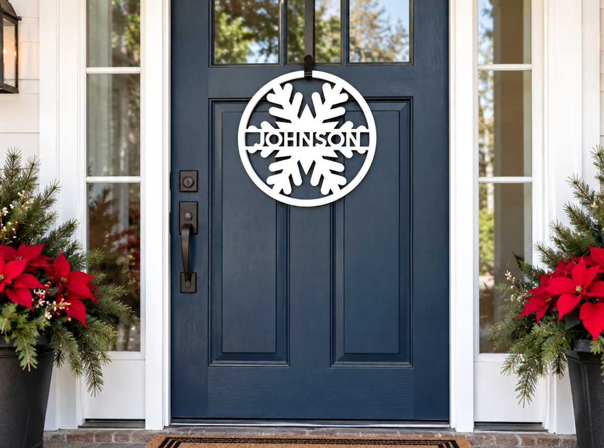 Personalized winter snowflake door hanger with last name, weatherproof outdoor holiday door welcome sign