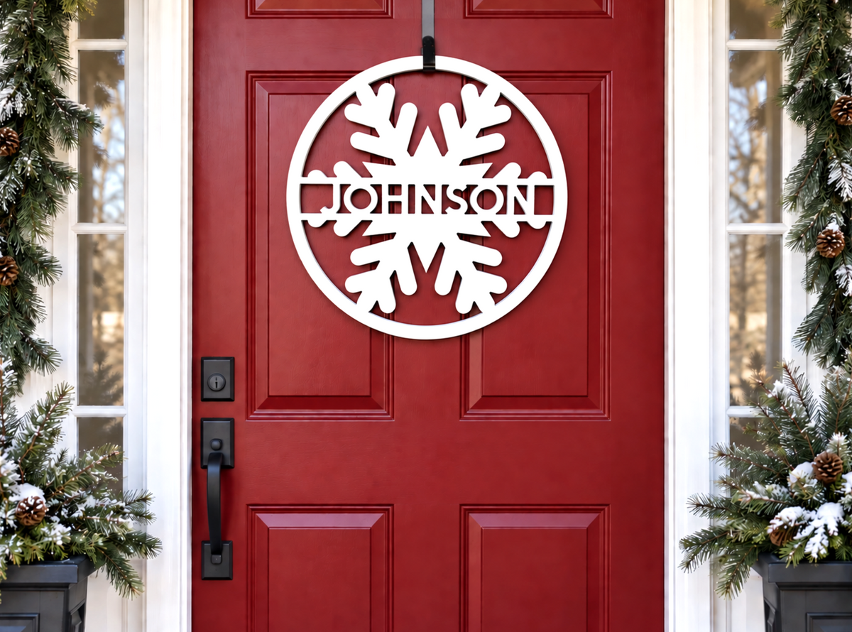 Personalized winter snowflake door hanger with last name, weatherproof outdoor holiday door welcome sign